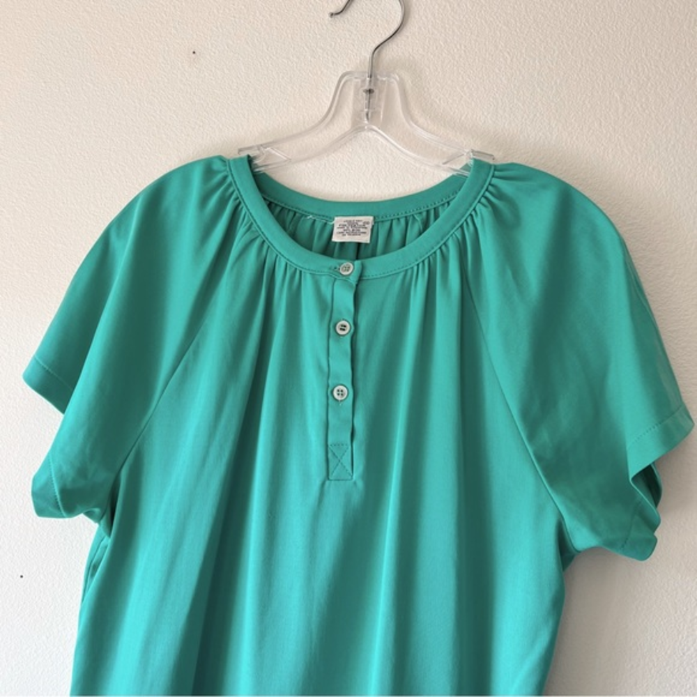 Vintage 70’s teal green short sleeve blouse size L‎